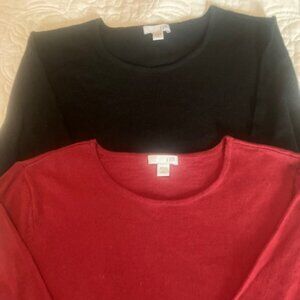 Two J Jill Crewneck Tops, Size M Petite, Red and Black